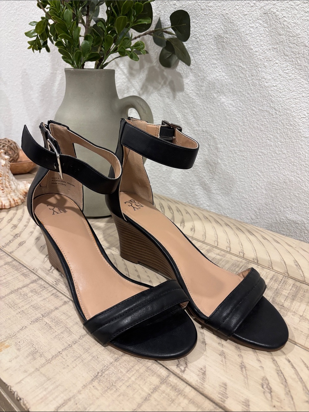 New York & Company Black Ankle-Strap Wedge Sandals